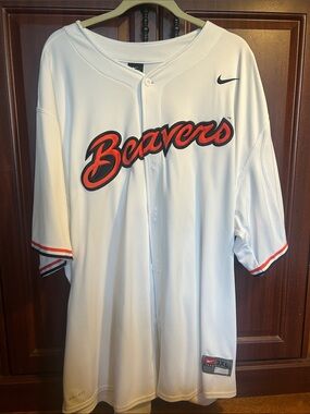 Nike White Baseball Jersey with Orange & Black Beavers Script